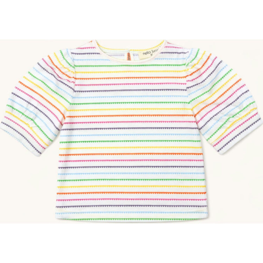 Puff Sleeve Tee in Rainbow Heart Stripe