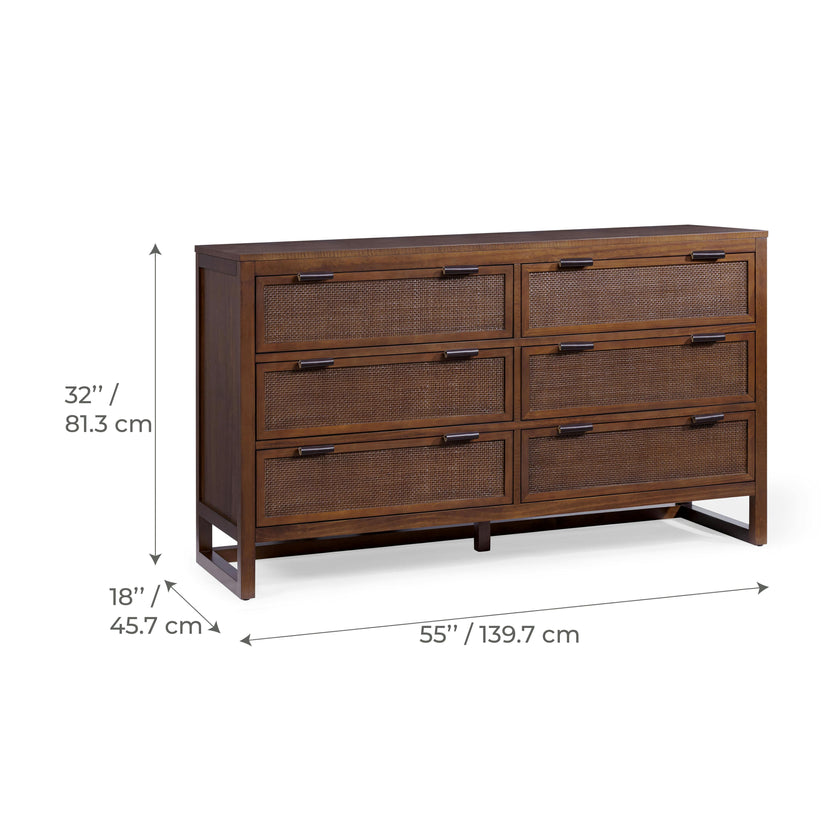Hatteras Dresser with 6 Rattan Inset Drawers, Faux Leather Pulls & Deep Storage