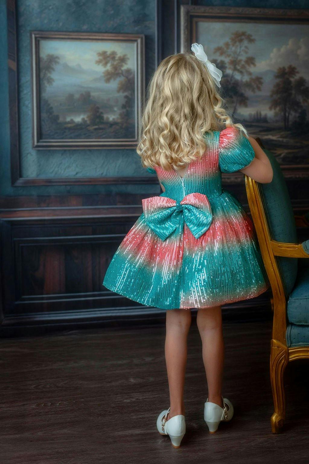 Aqua Sunset Sparkle Sequin Birthday Dress for Girls