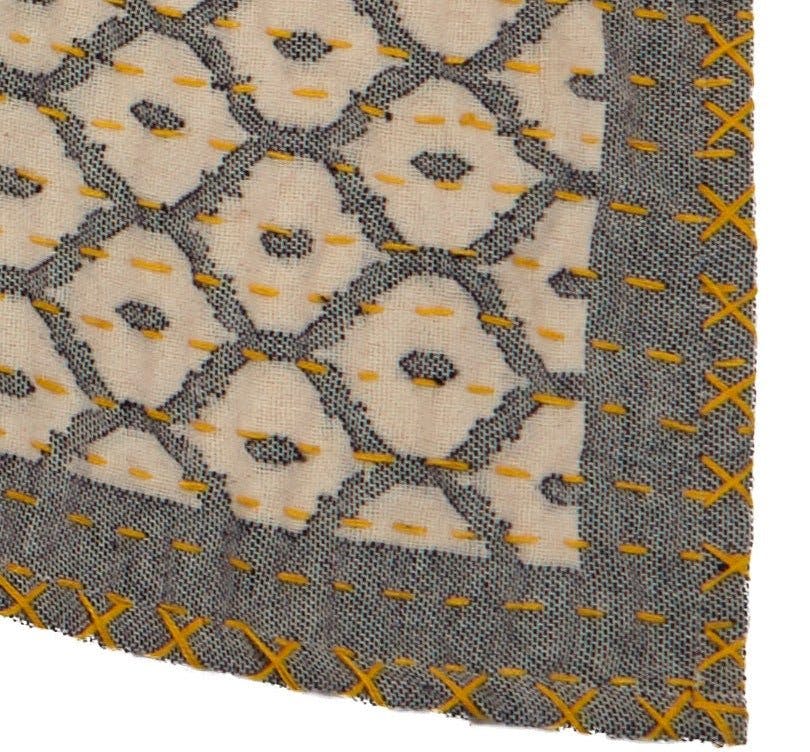 Artisan Hand Loomed Cotton Table Runner - Gray Yellow Stitching - 18