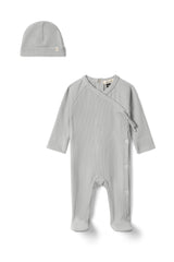 Ribbed Snap Front Romper and Hat Two Piece Set