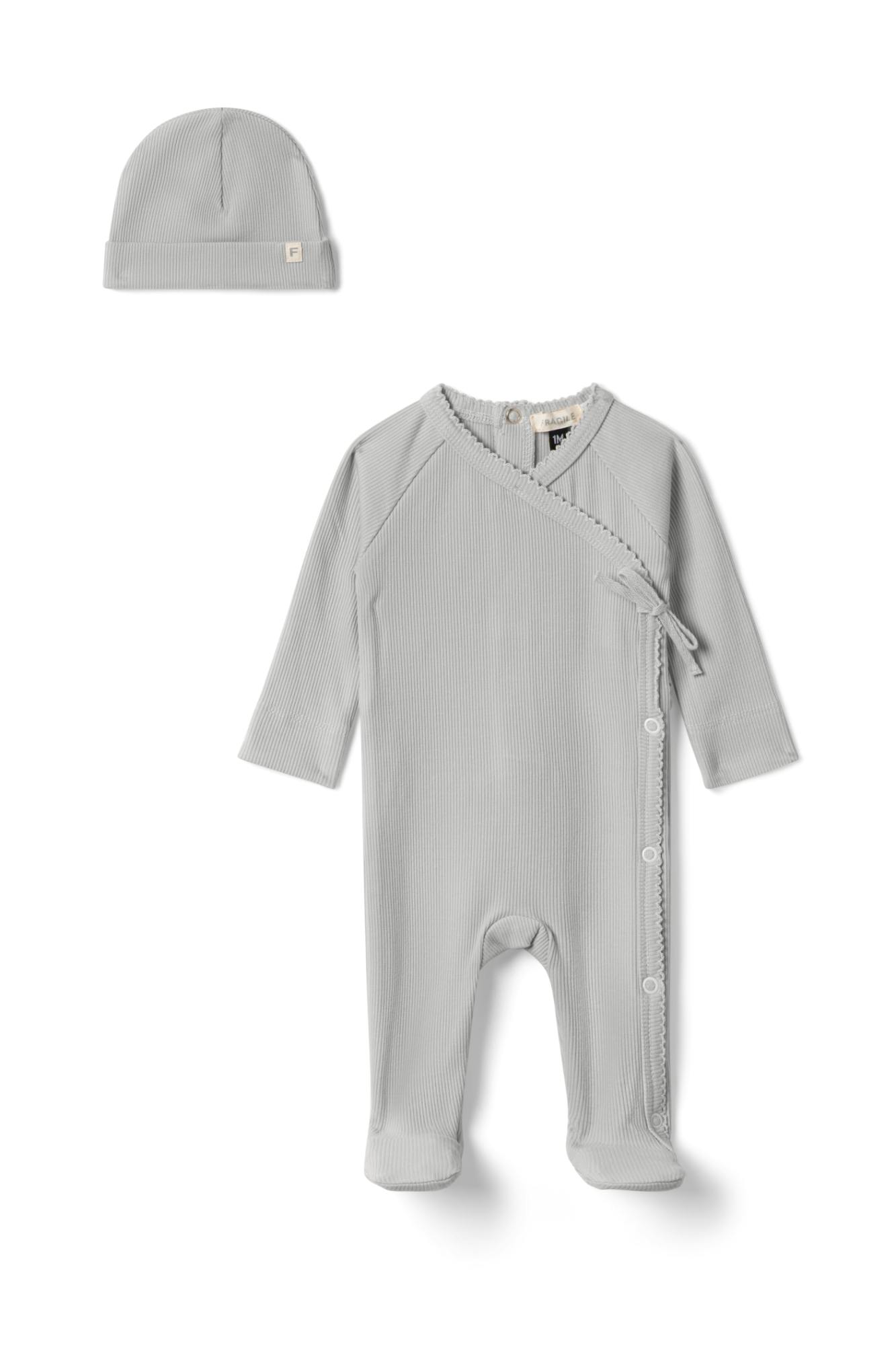 Ribbed Snap Front Romper and Hat Two Piece Set