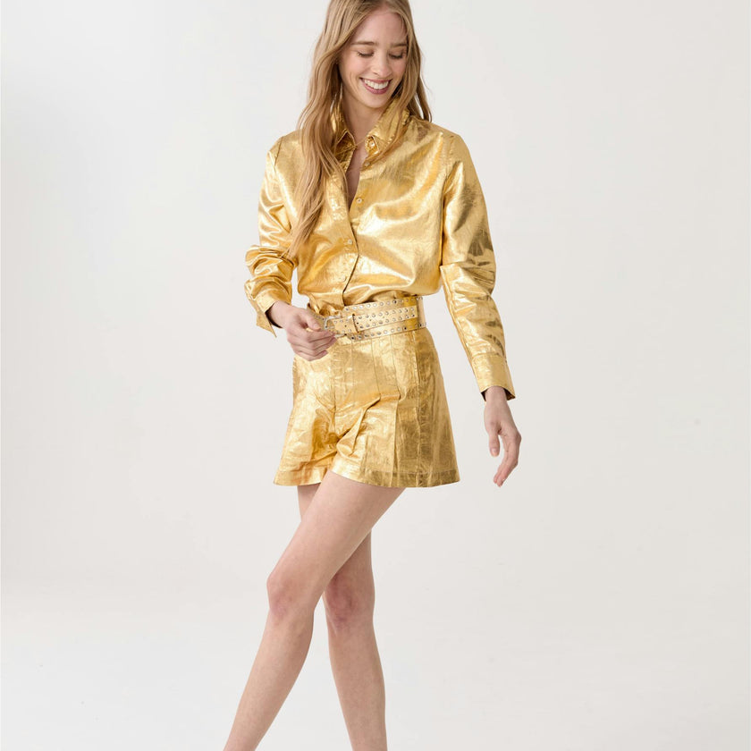 Frida Metallic&nbsp;Linen Shorts - Gold