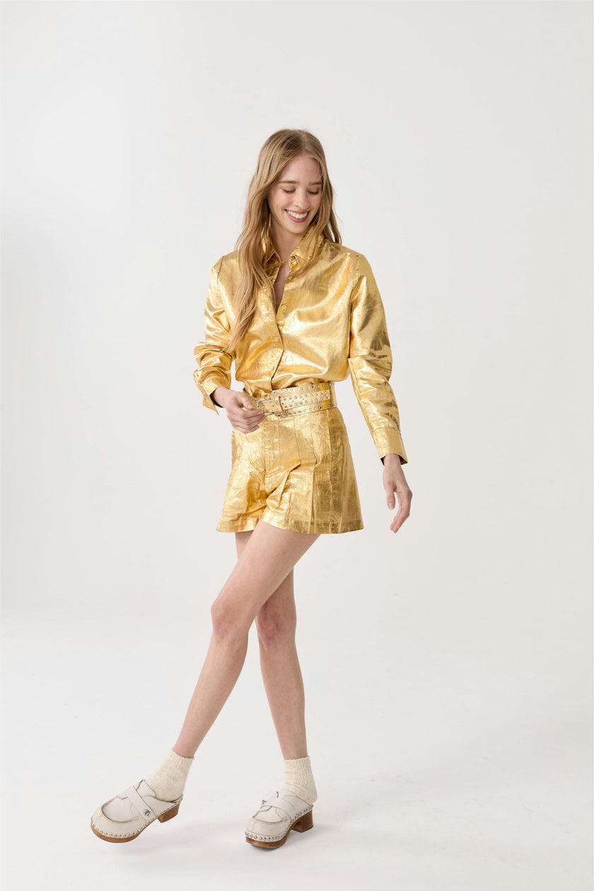 Frida Metallic&nbsp;Linen Shorts - Gold