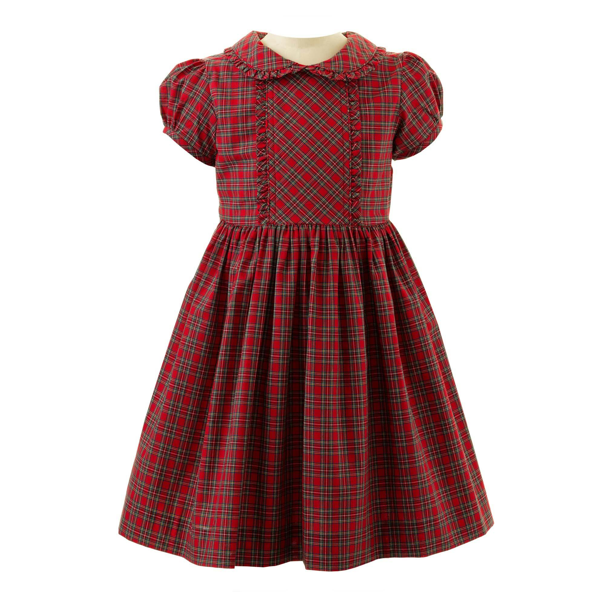 Tartan Frill Peter Pan Collar Puff Sleeve Sash Tie Dress