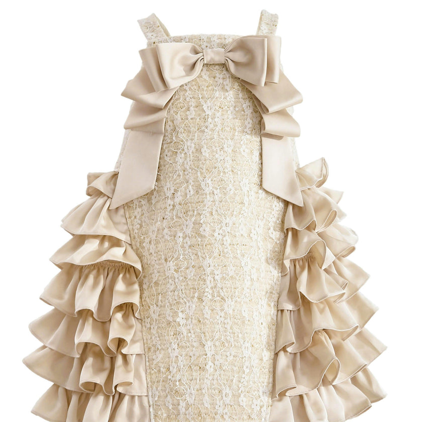 Cream Ruffle Cascade Bow Dress