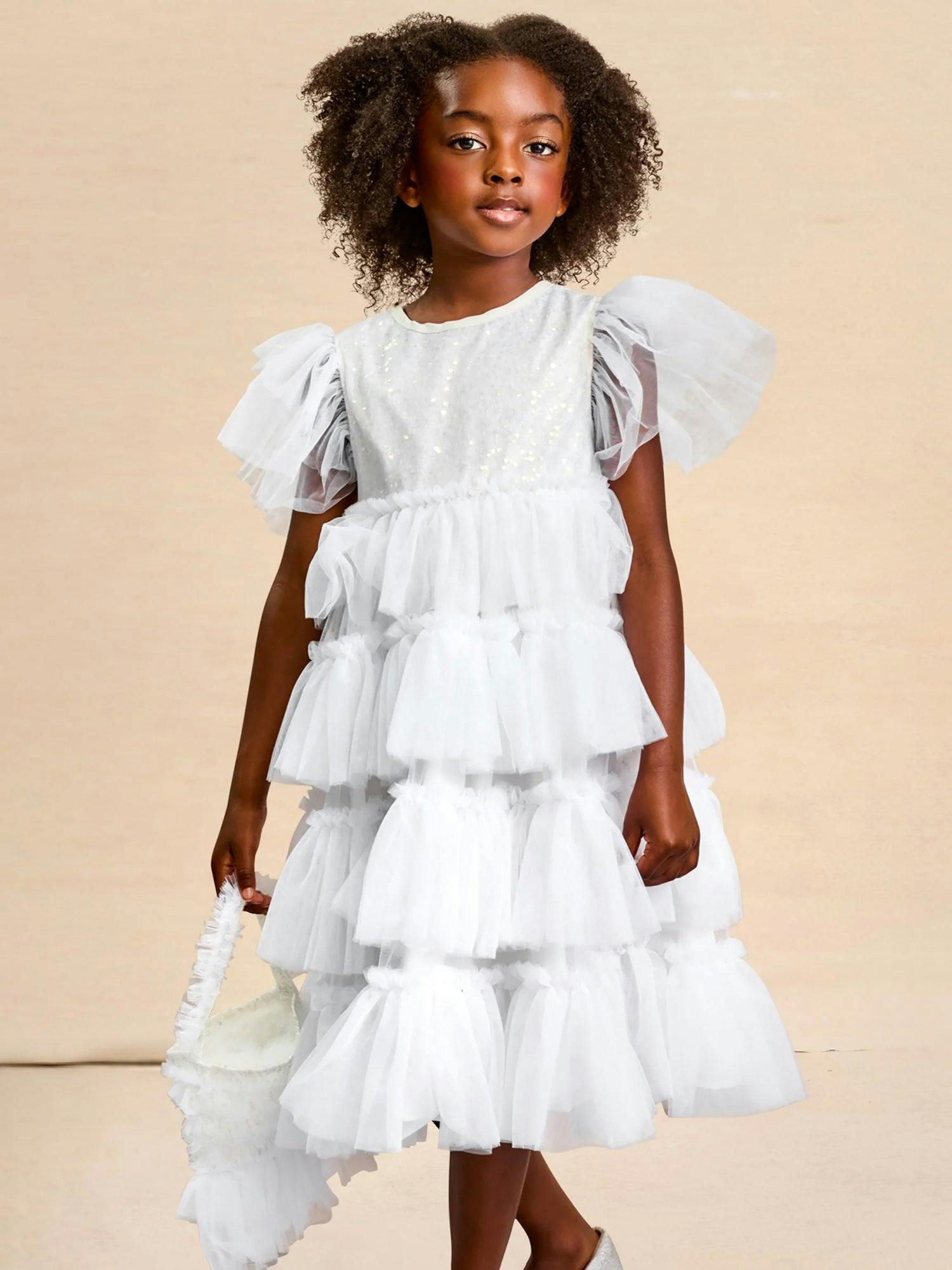 White Tulle Ruffle Dress For Girls
