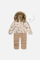 Baby Snug One Piece Snowsuit Adapted For Car Seats Blue Dinosaur Print