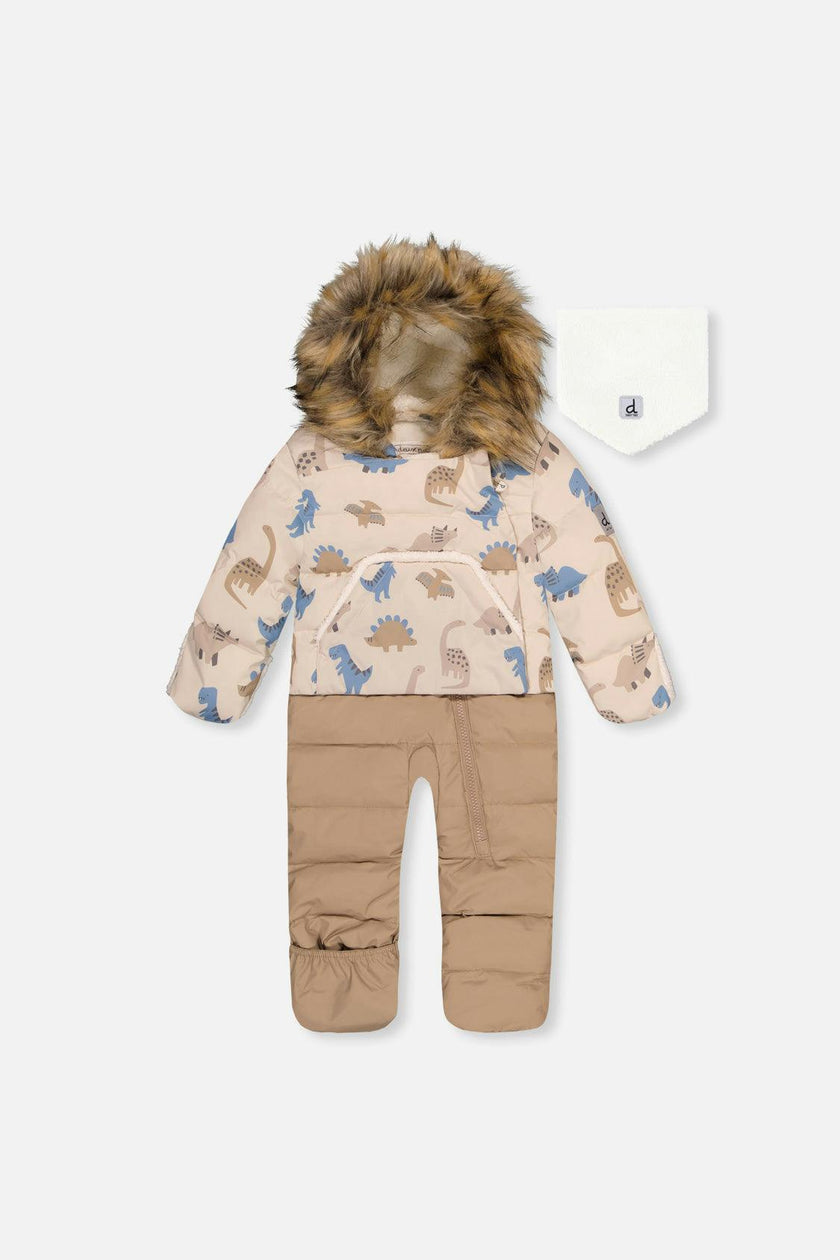 Baby Snug One Piece Snowsuit Adapted For Car Seats Blue Dinosaur Print