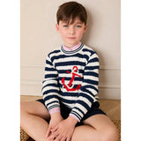 Anchor Motif Cable Knit Sailor Stripe Jumper in Navy (12mths- 10yrs)