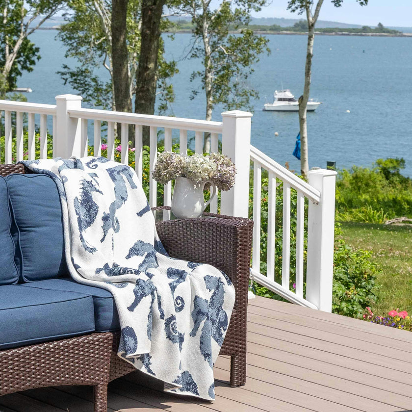 Cotton Sustainable Knit Throw Blanket | Coastal - Seahorse Watercolor