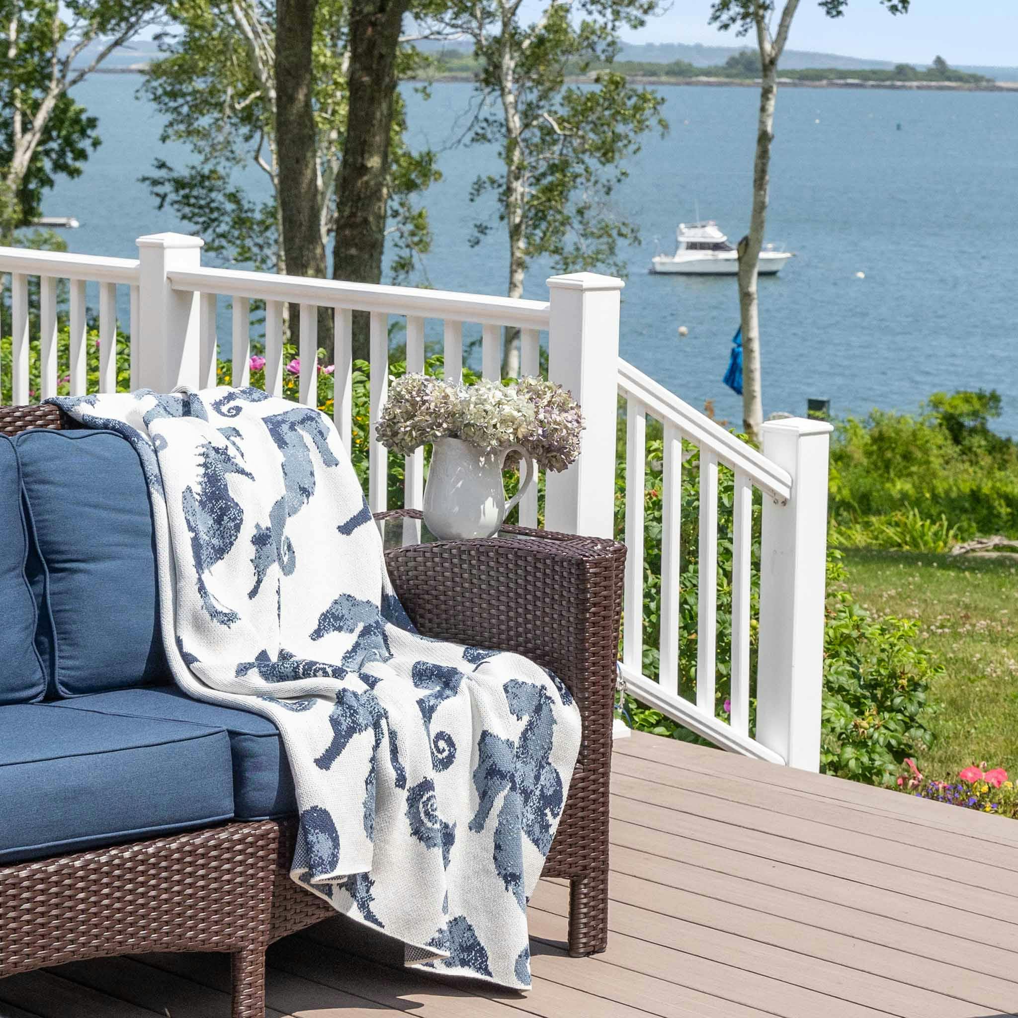 Cotton Sustainable Knit Throw Blanket | Coastal - Seahorse Watercolor