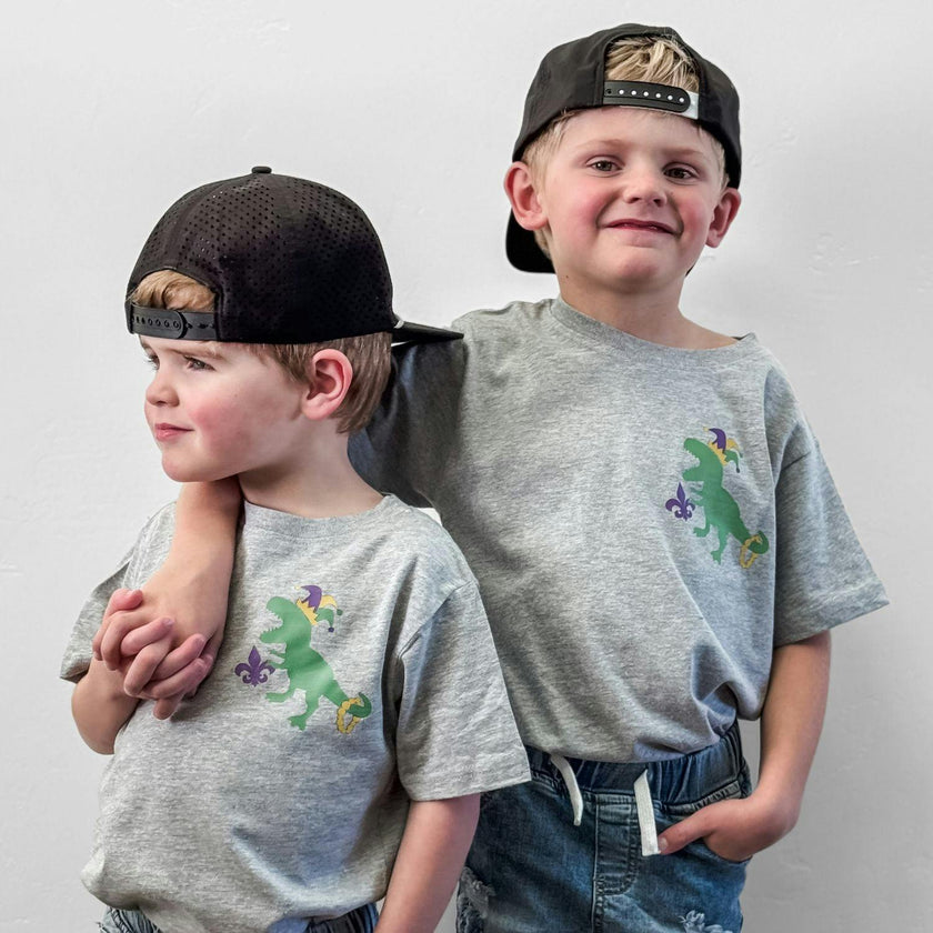 Mardi Gras Party Dino Short Sleeve T-Shirt - Gray