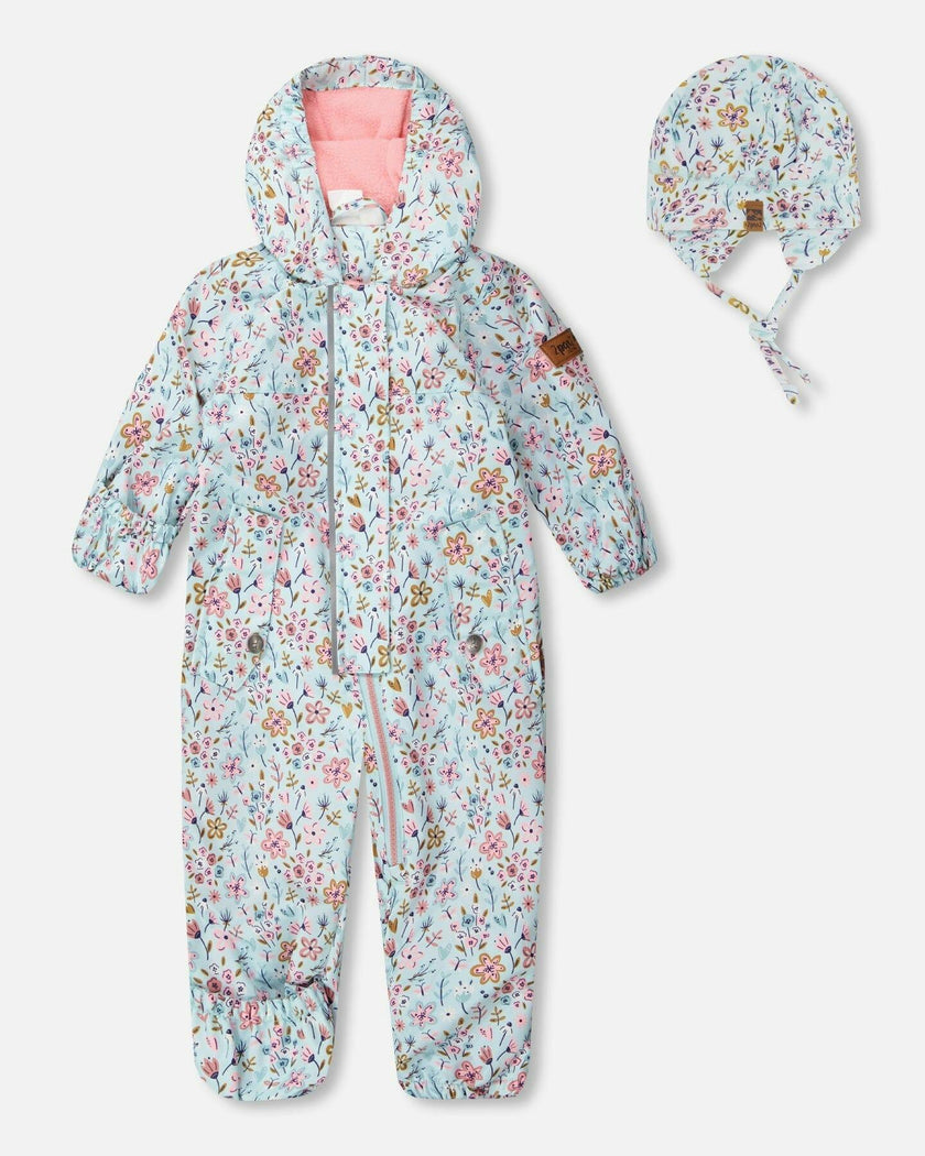 Baby Mid-Season One-Piece Outerwear With Hat Blue Mini Flower Print