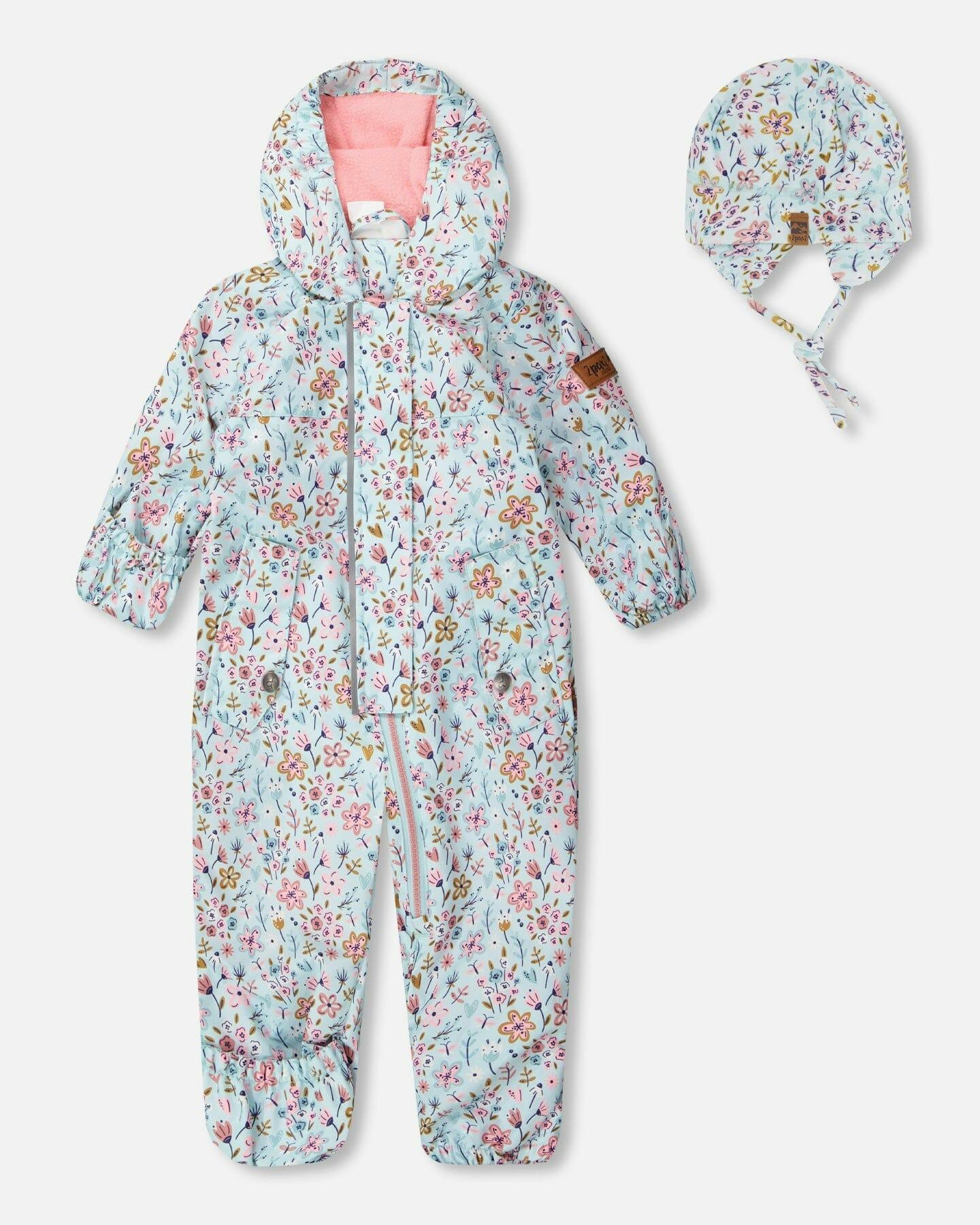 Baby Mid-Season One-Piece Outerwear With Hat Blue Mini Flower Print