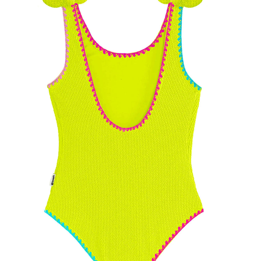 Kaya Crinkle Bow Tie One Piece - Embroidered Trim Lime