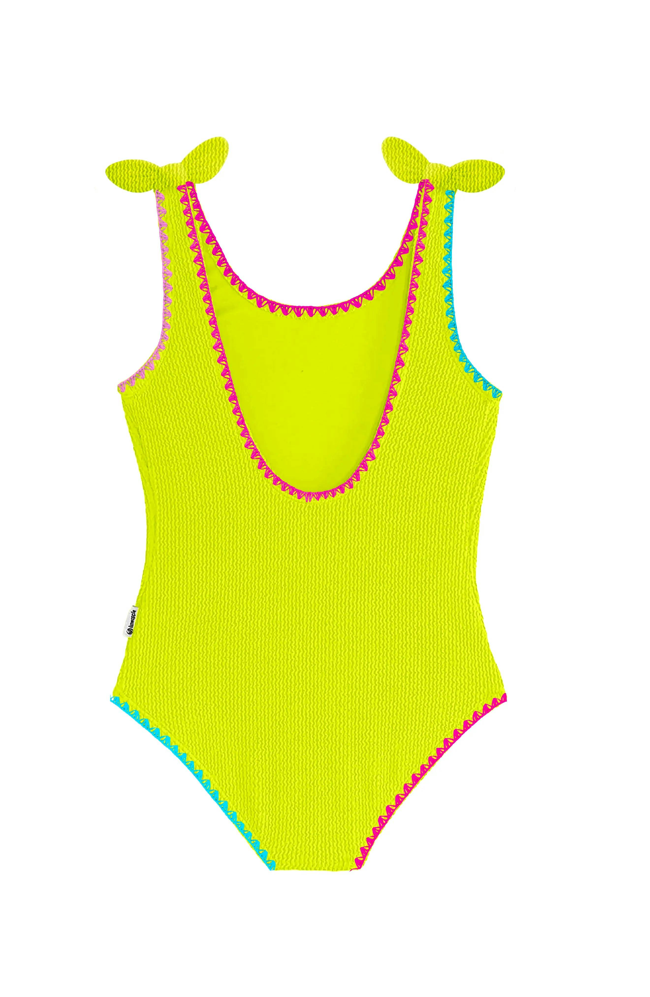 Kaya Crinkle Bow Tie One Piece - Embroidered Trim Lime