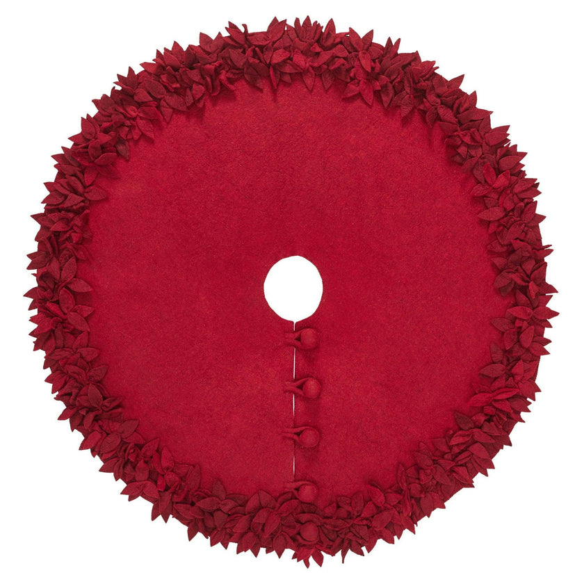 Hand Felted Wool Overlapping Flowers Border Maroon Christmas Tree Skirt 64"/72"