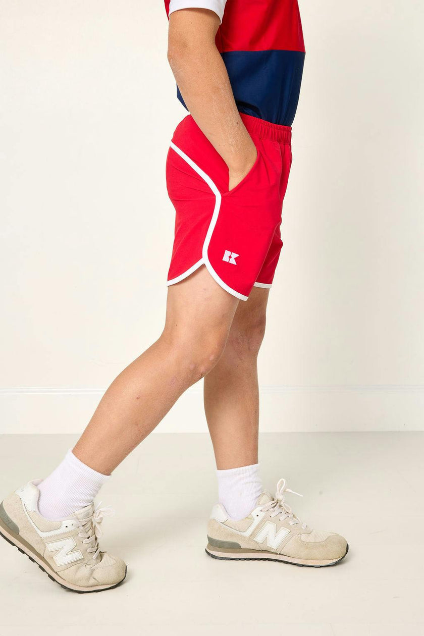 red retro super short with white piping