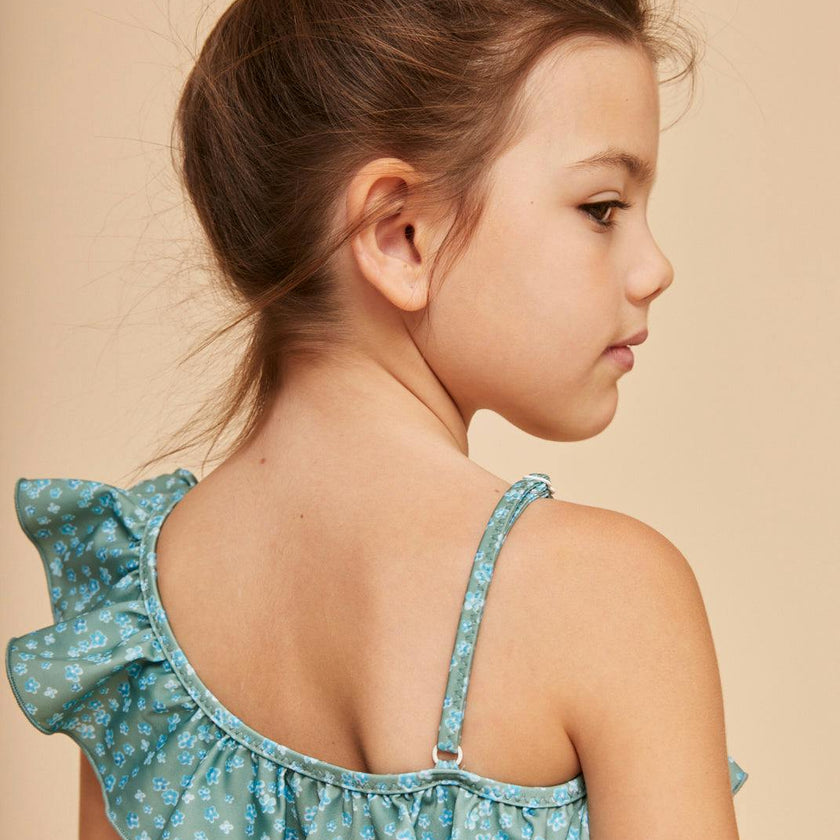 Khaki Flowers Girls' Ruffle Swimsuit