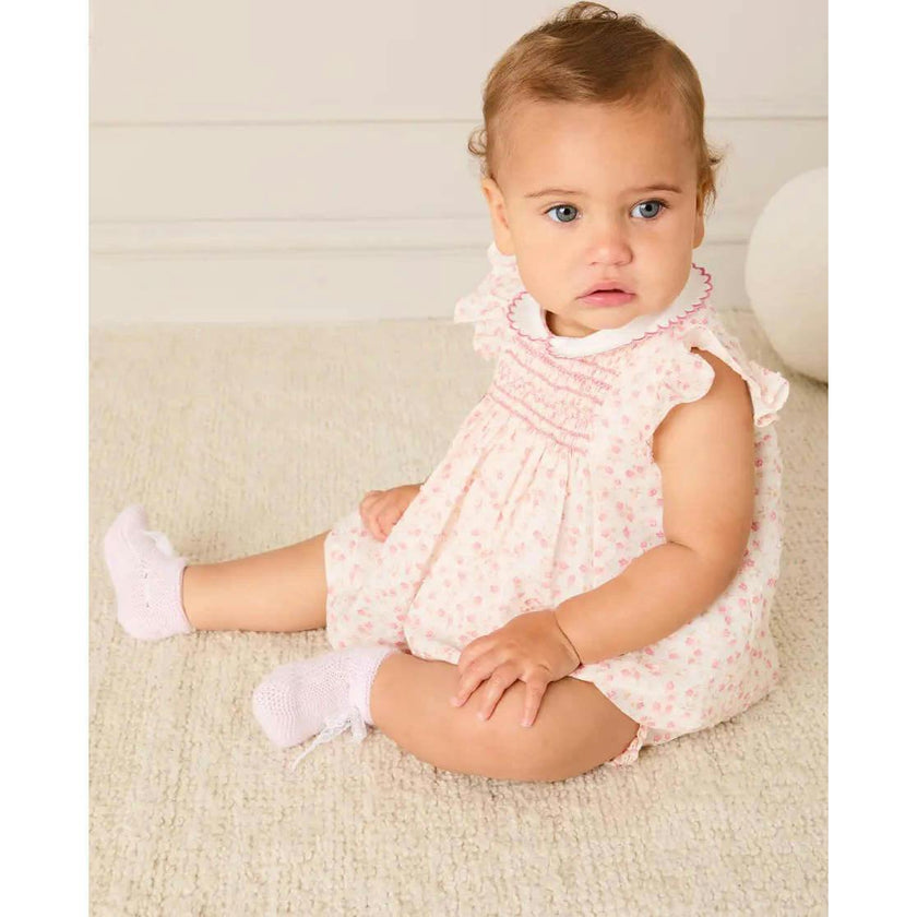 Martha Floral Hand Smocked Cap Sleeve Scallop Collar Dress in Pink (1-9mths)