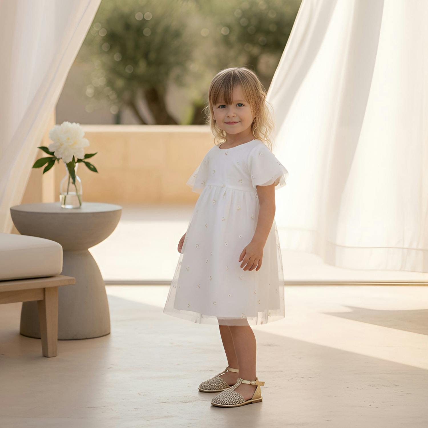 Flora Baby Dress, Gold Flower Embroidery