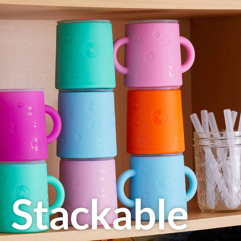 PopYum Silicone Training Cup with Straw Lid, 2-Pack for Baby, Infant and Toddler, Tumbler, Sippy, handles, 5 ounce (blue, green)