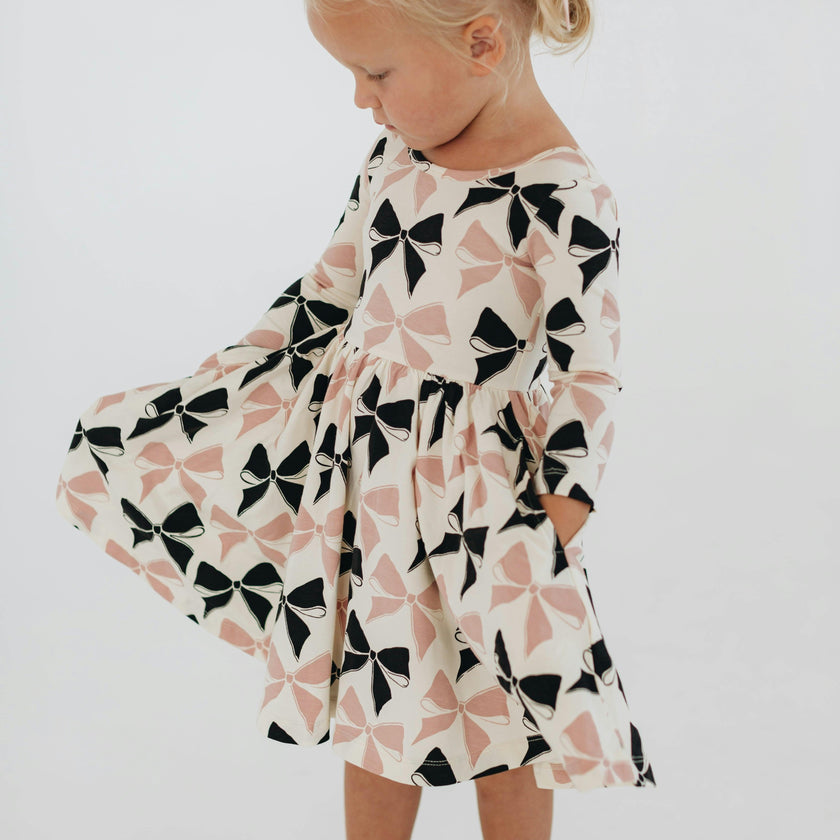 3/4 Sleeve Twirl Dress in Vintage Pink and Black Bows