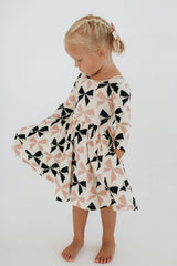 3/4 Sleeve Twirl Dress in Vintage Pink and Black Bows