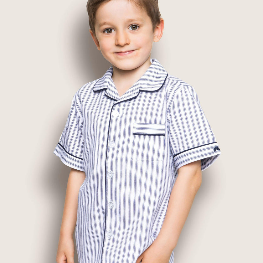 Kid's Twill Pajama Short Set in Navy French Ticking