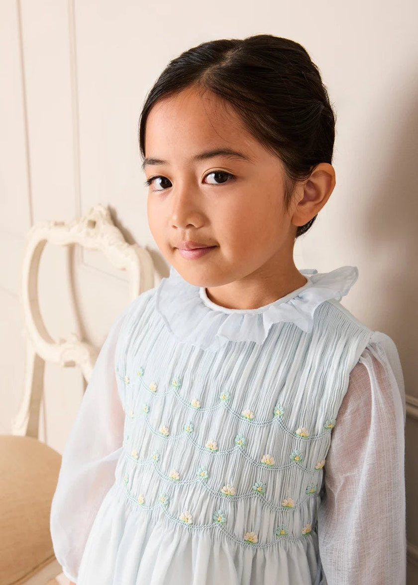 Daisy Embroidered Hand Smocked Long Sleeve Dress in Blue (18mths-8yrs)