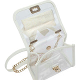 Packed Party Clear Mini Crossbody Bag - White Trim with Gold Chain Strap, Removable Satin Bow Scarf, Top Handle, 7x3.5x5 Inch