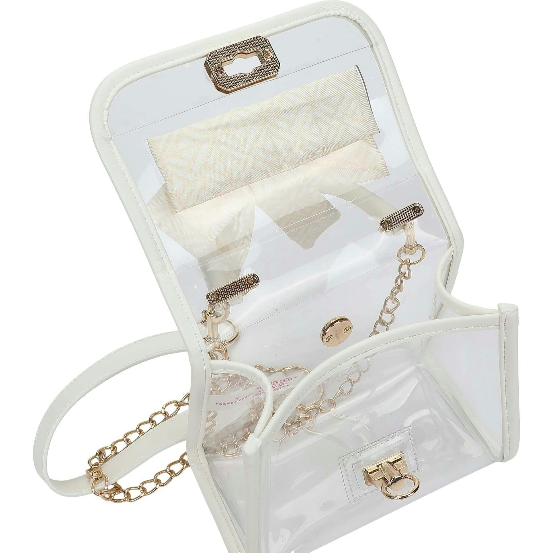 Packed Party Clear Mini Crossbody Bag - White Trim with Gold Chain Strap, Removable Satin Bow Scarf, Top Handle, 7x3.5x5 Inch