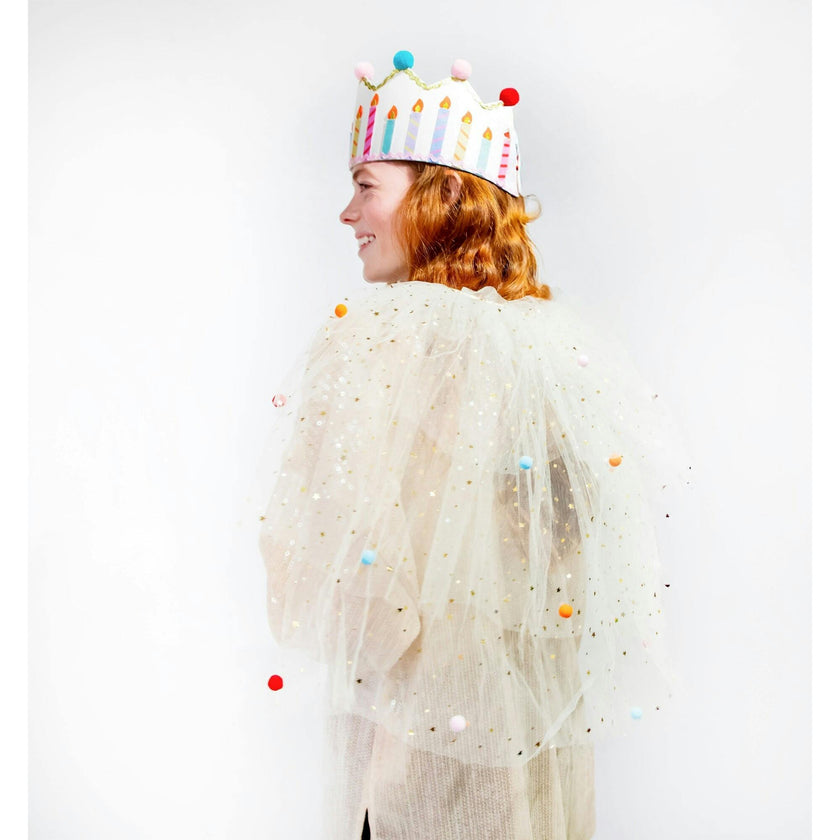 Tulle Celebrations Cape with Multicolor Pom Poms and Gold Glitter Stars