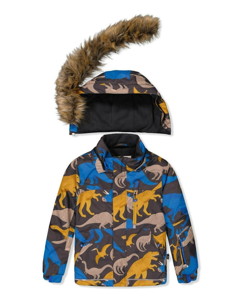 Two Piece Play Snowsuit Grey and Blue Dinosaur Print with Blue Pants