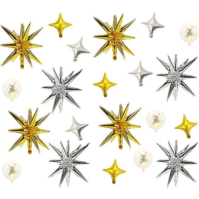 Packed Party Sparkle and Shine Gold Silver Confetti Mylar Balloon Set 21ct - Spark-Shaped and Confetti-Filled Balloons with Glue Dots and Strings Included