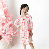 Bows & Santa - Knit Flame Resistant Long Sleeve Gown with Ruffle Collar