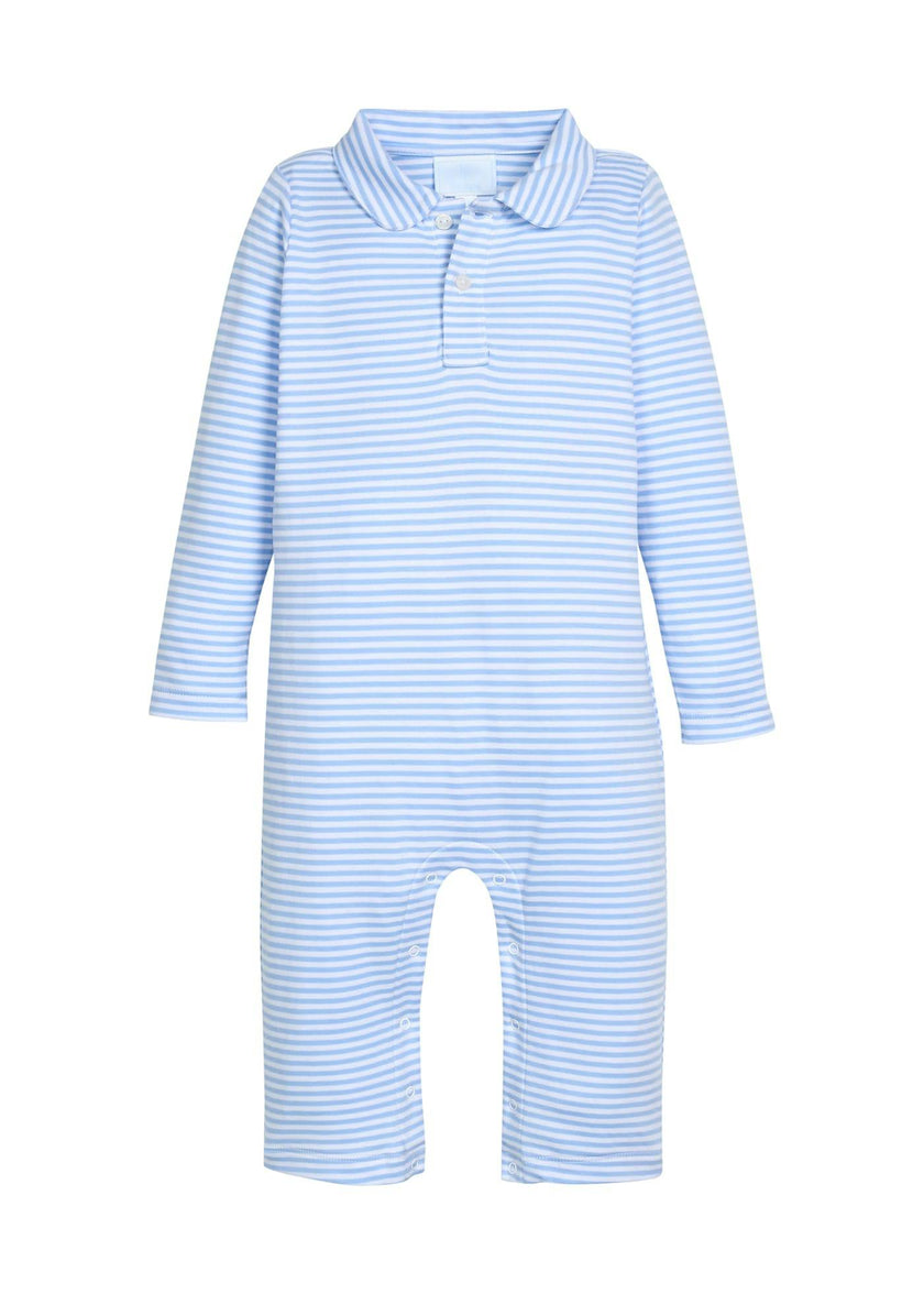 Long Sleeve Polo Romper - Light Blue Stripe