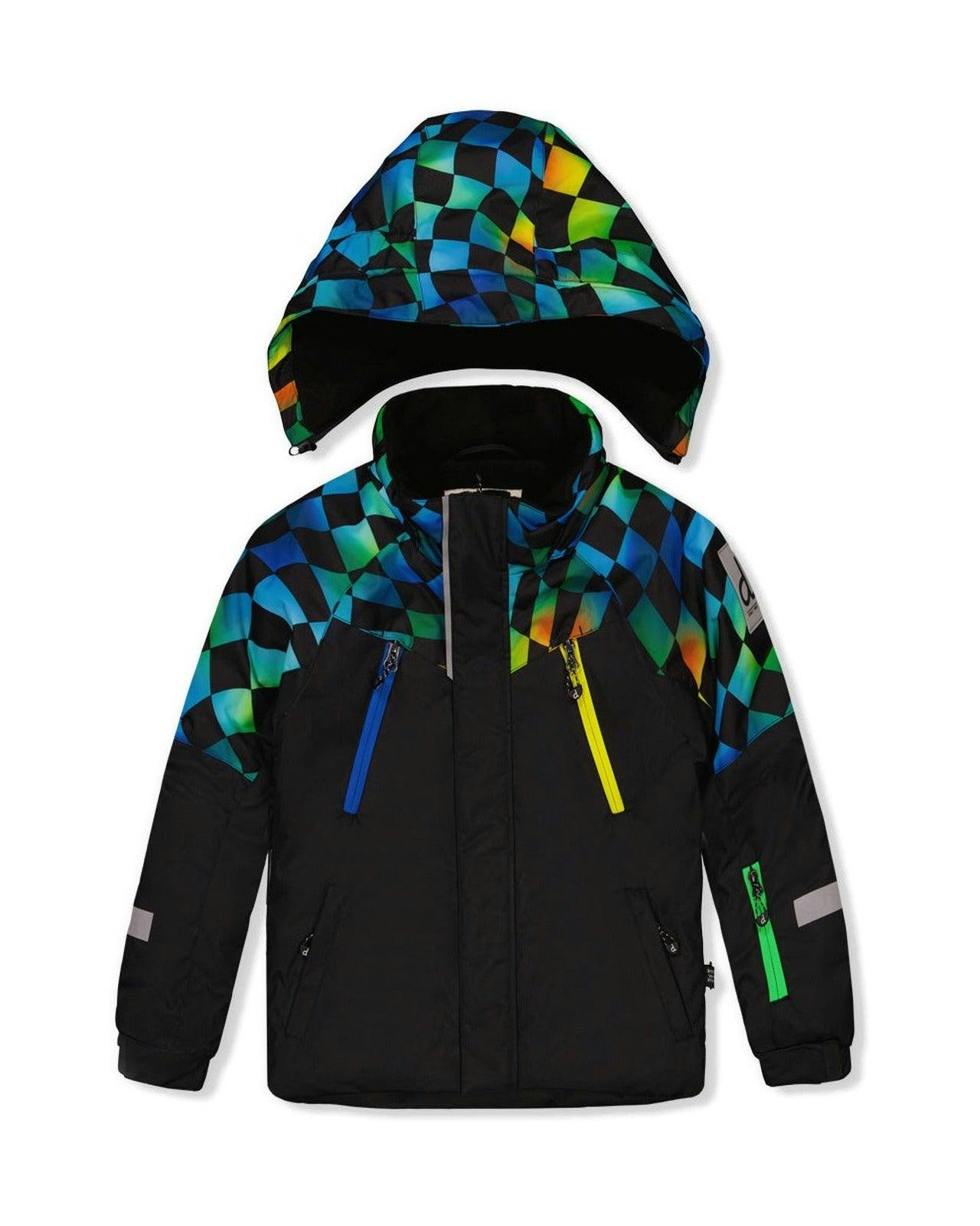 Two Piece Play Snowsuit Black Colorblock With Green Yellow And Blue Checkerboard Pants