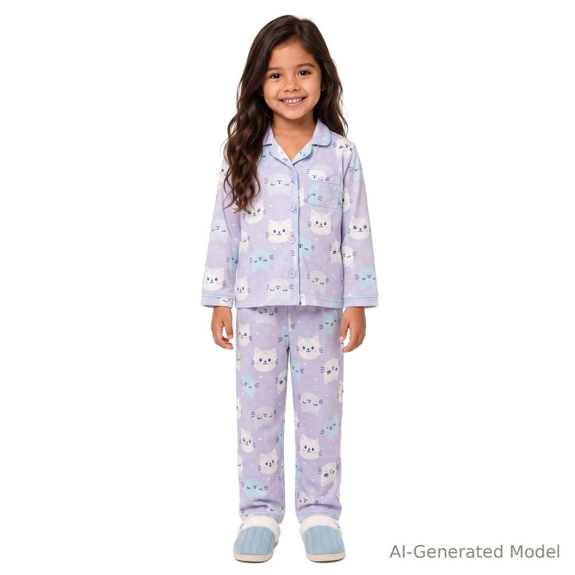 Girls Buttondown Pajama Set | Kitty Cats - Purple