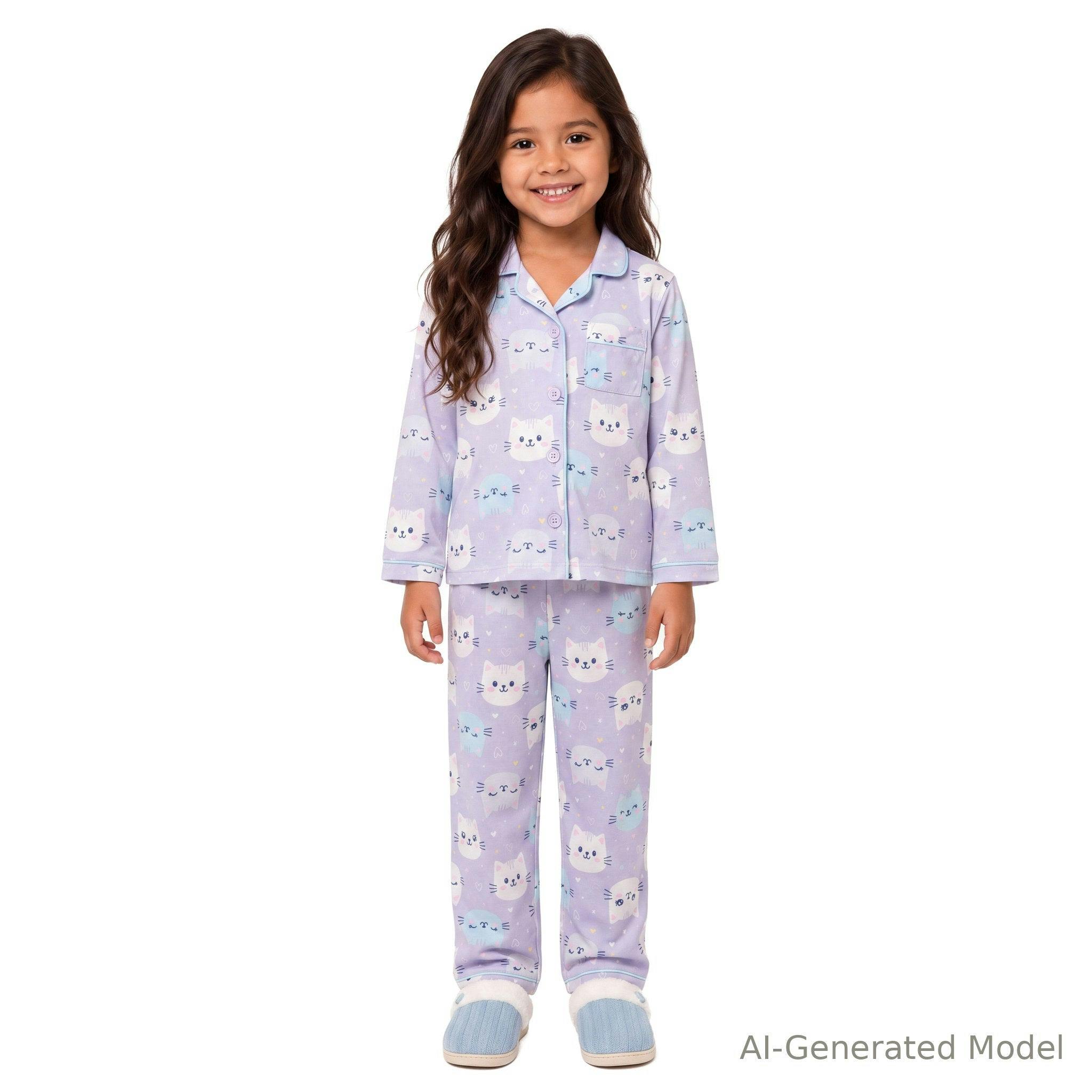 Girls Buttondown Pajama Set | Kitty Cats - Purple