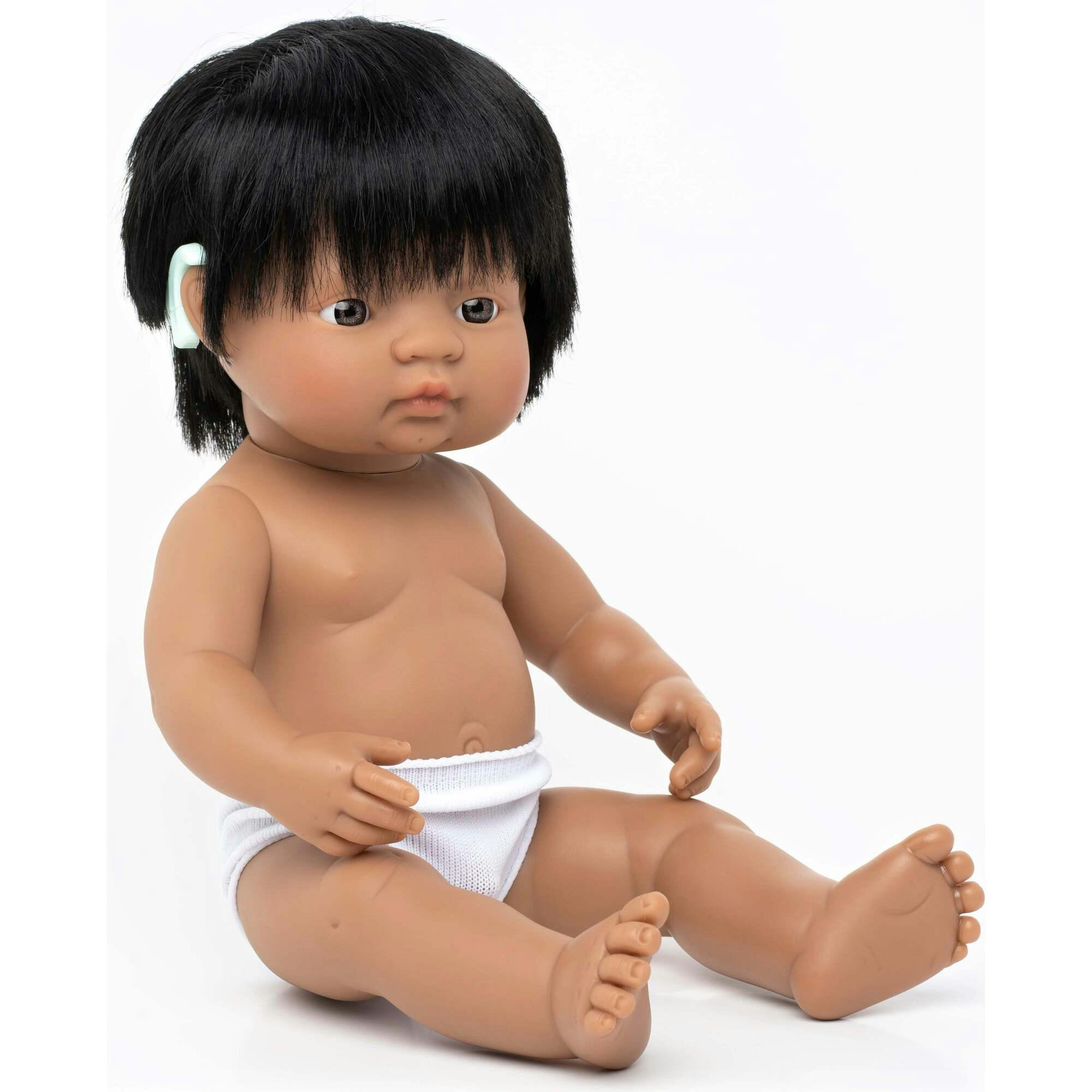 Hispanic Boy Baby Doll with Black Hair and Hearing Aid - 15