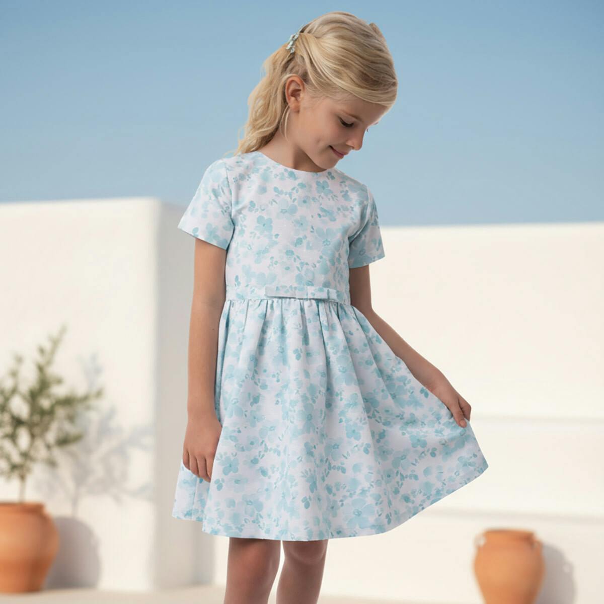 Eryna Girl Dress Short Sleeve, Aqua Flower