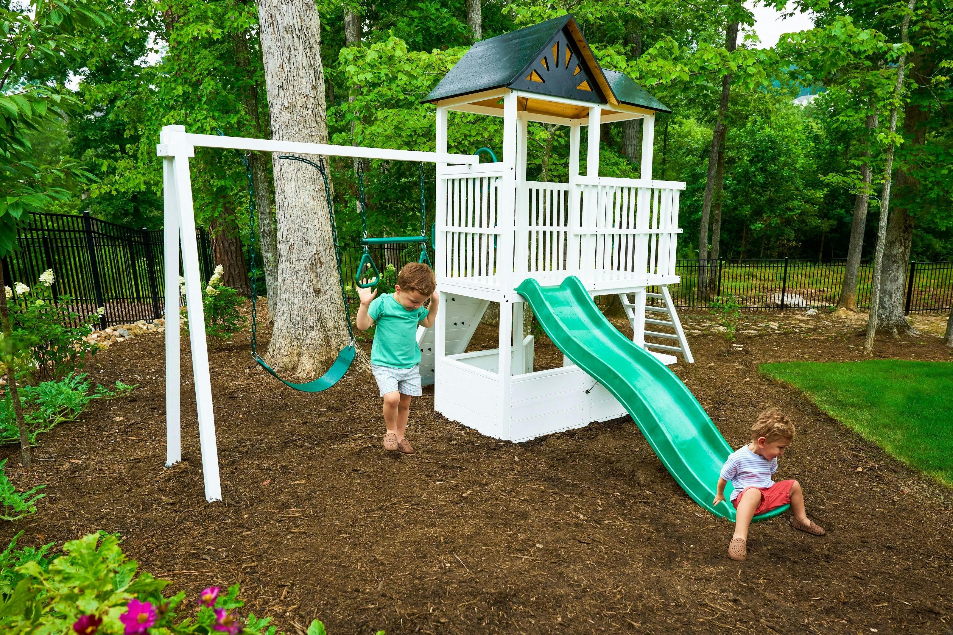 Craftsman | Modern Wooden Swing Set with Slide, Climber & Sandbox