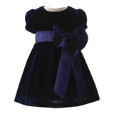Baby Crushed Velvet Bow Ribbon Tie Short Puff Sleeve Dress