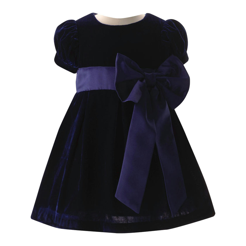 Baby Crushed Velvet Bow Ribbon Tie Short Puff Sleeve Dress