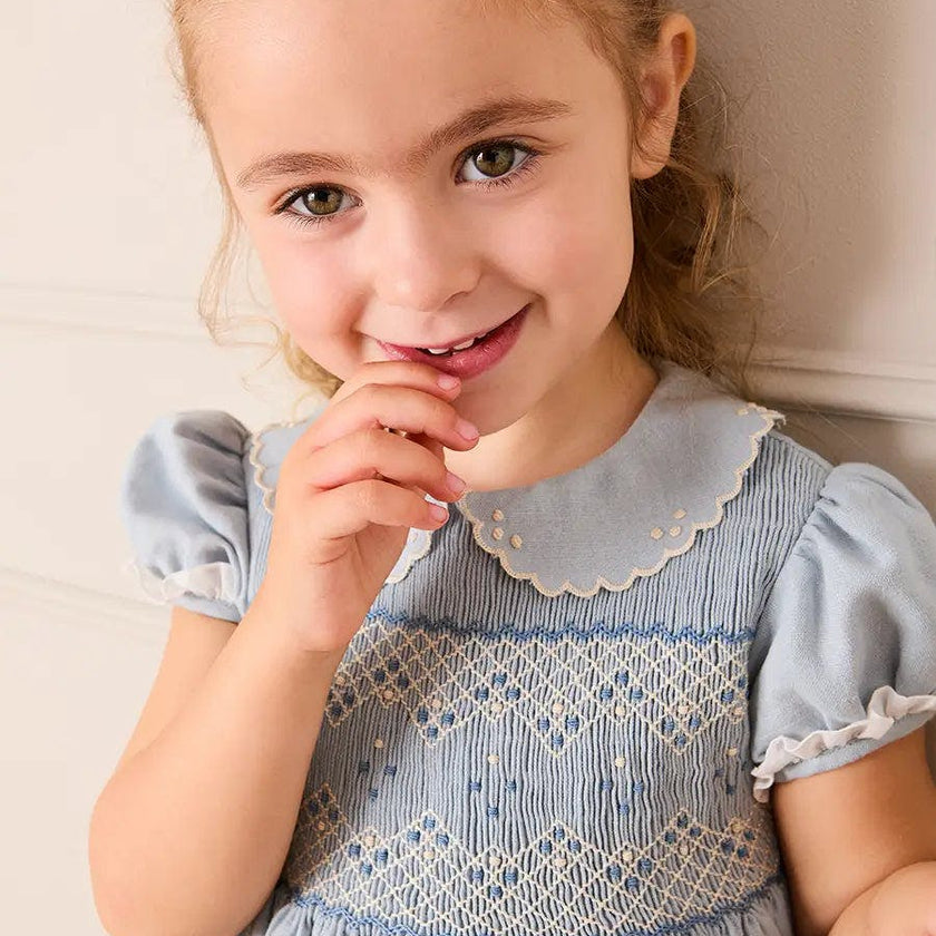 Hand Smocked Peter Pan Collar Short Sleeve Dress in Sky Blue (12mths-10yrs)