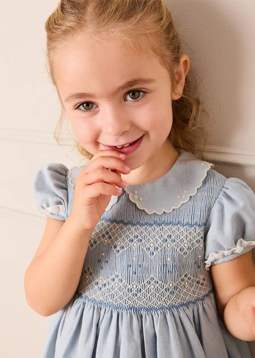Hand Smocked Peter Pan Collar Short Sleeve Dress in Sky Blue (12mths-10yrs)