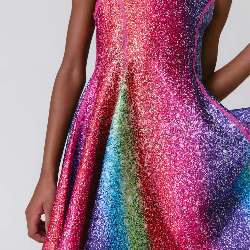Girls Hi-Shine Skater Dress in Rainbow Glitter Foil
