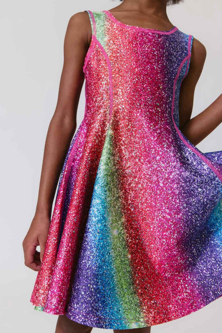Girls Hi-Shine Skater Dress in Rainbow Glitter Foil